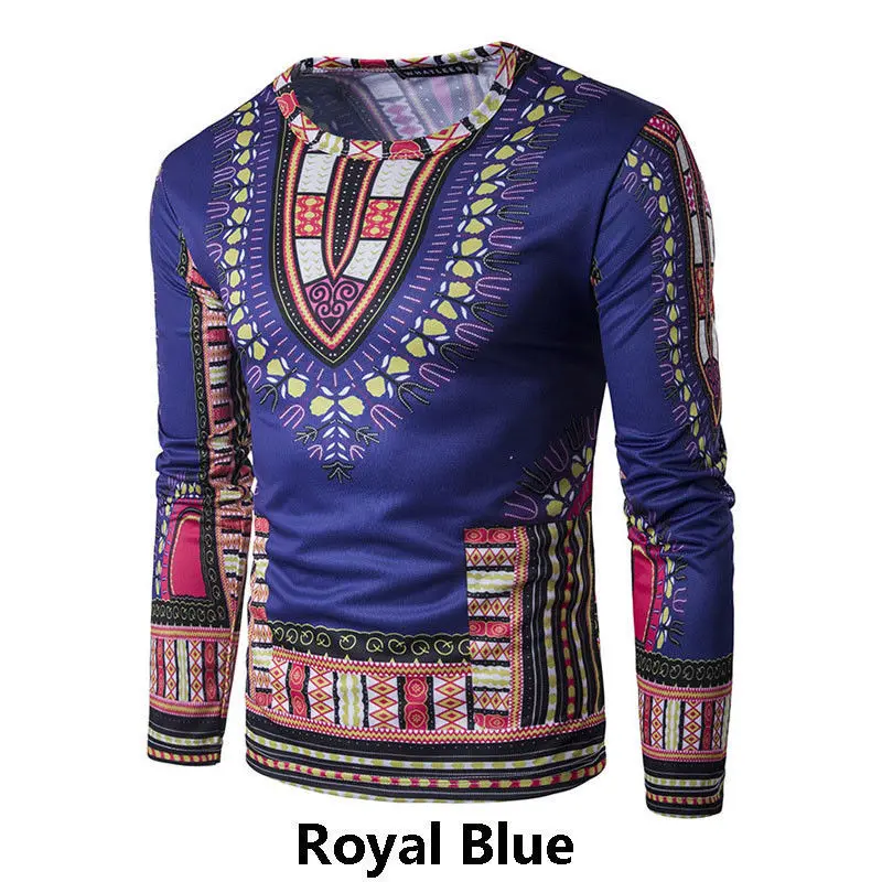 Royal Blue Мужская гладкая футболка с длинным рукавом, Винтажная футболка с геометрическим узором и круглым вырезом, 7 цветов, топы, индийский Африканский этнический хиппи, 809-318 - Цвет: Royal Blue