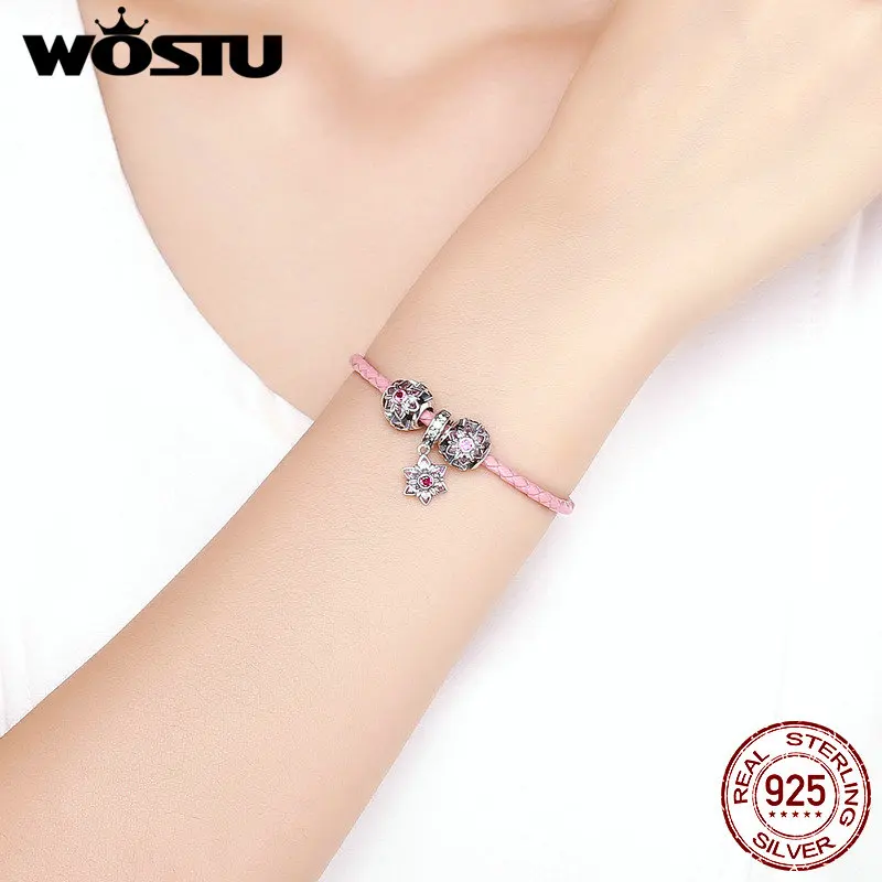 WOSTU Новое поступление 925 стерлингового серебра розовое цветение персика бусины