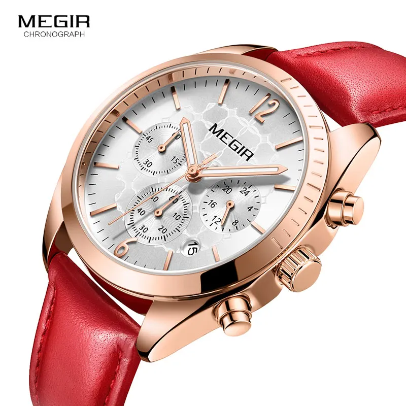 

Megir Women's Leisure Quartz Watches 24 Hours Leather Strap Waterproof Chronograph Wristwatch Lady Relogios Femininos 2115 Red