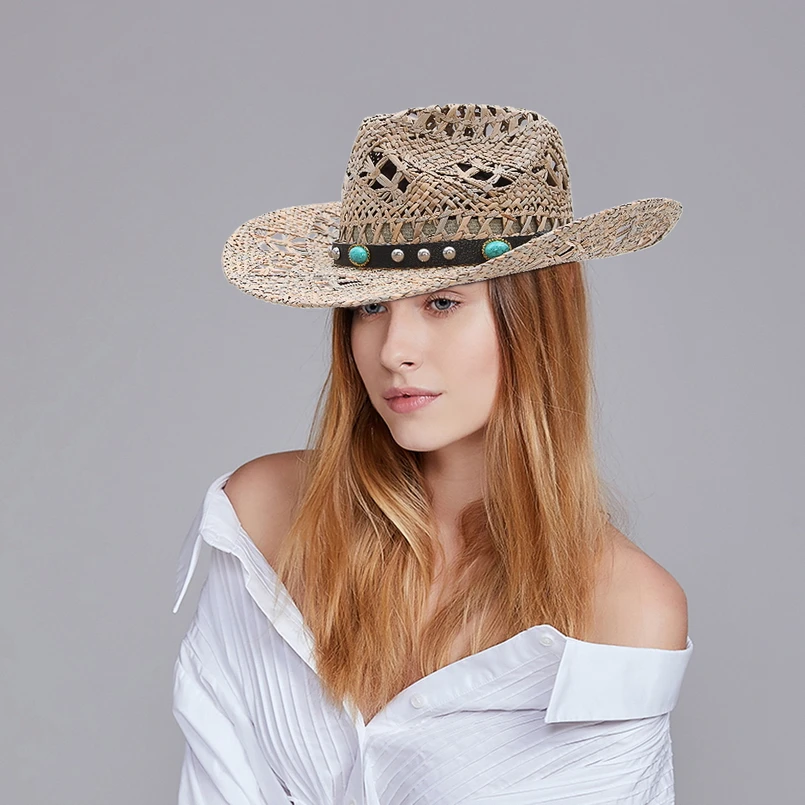 GEMVIE новая соломенная западная ковбойская шляпа для женщин Cowgirl летние шляпы для солнцезащитная Кепка для девушек с кожаный с бисером ремень пляжная кепка Панама