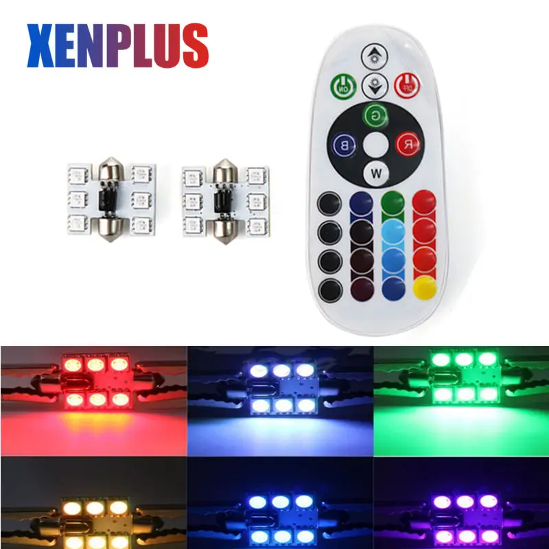 

Светодиодная лампа для салона автомобиля Xenplus 2 шт. RGB гирлянда 31 мм C5W 5050 6SMD DC 12 В купольная лампа для чтения с дистанционным управлением запа...
