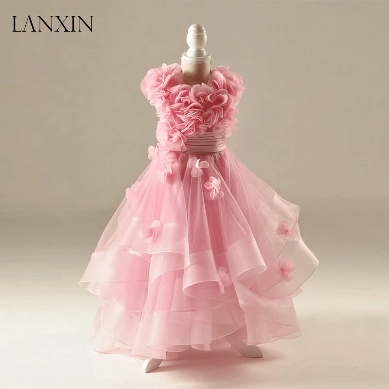 Новые розовые платья с цветами для девочек Пышное Бальное платье ручной работы