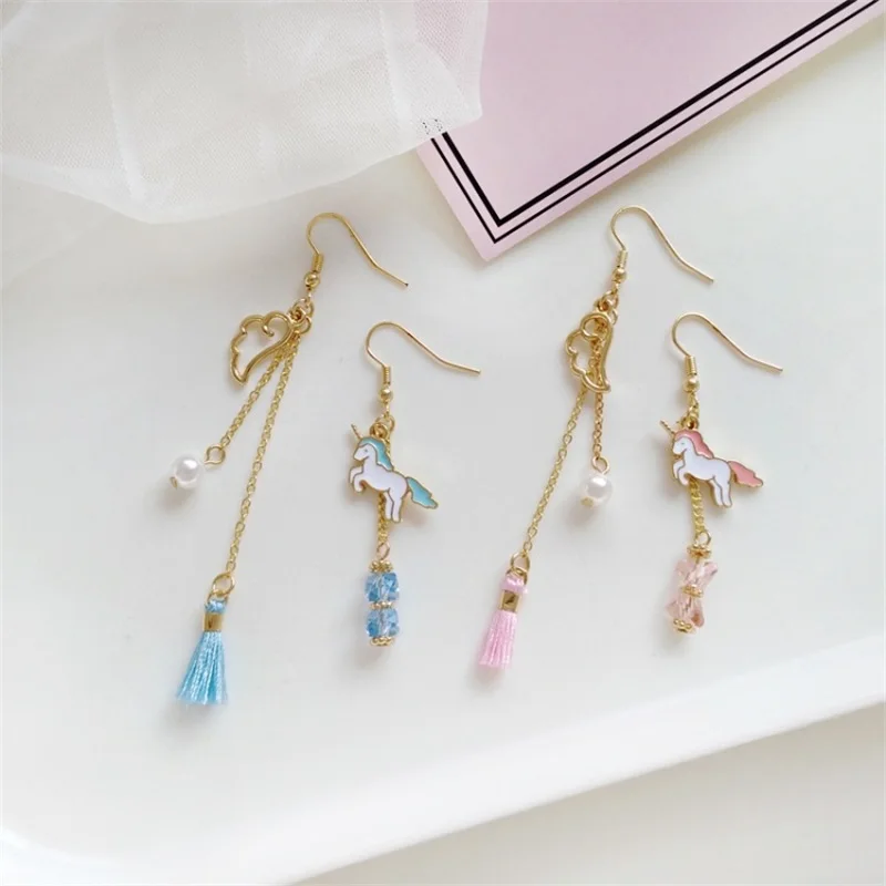 Женские асимметричные серьги клипсы с кисточками и жемчужинами корейские