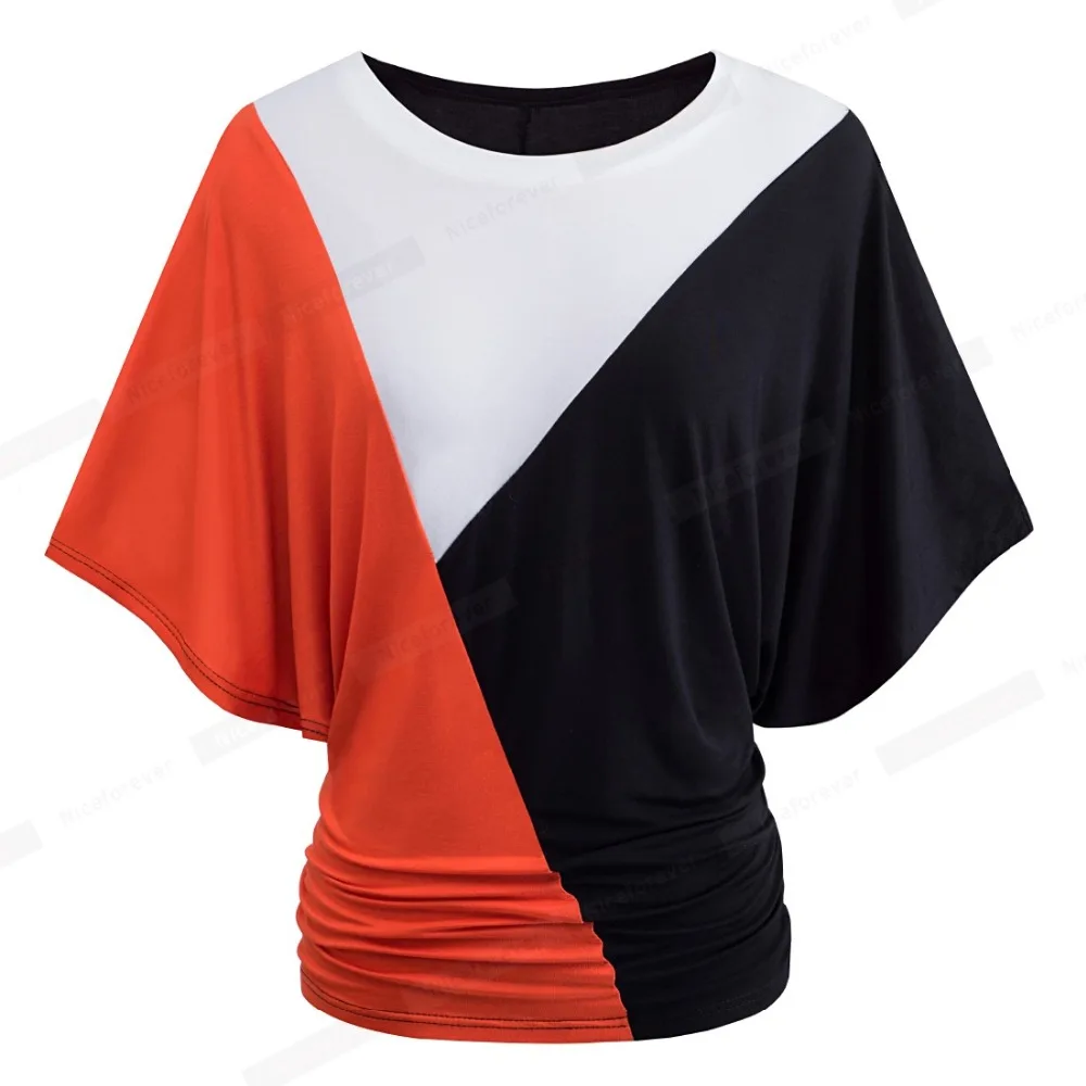 Nice-forever Brief Casual Batwing Sleeve T-shirts Draped Hem Women Loose Patchwork soft Tees tops T013