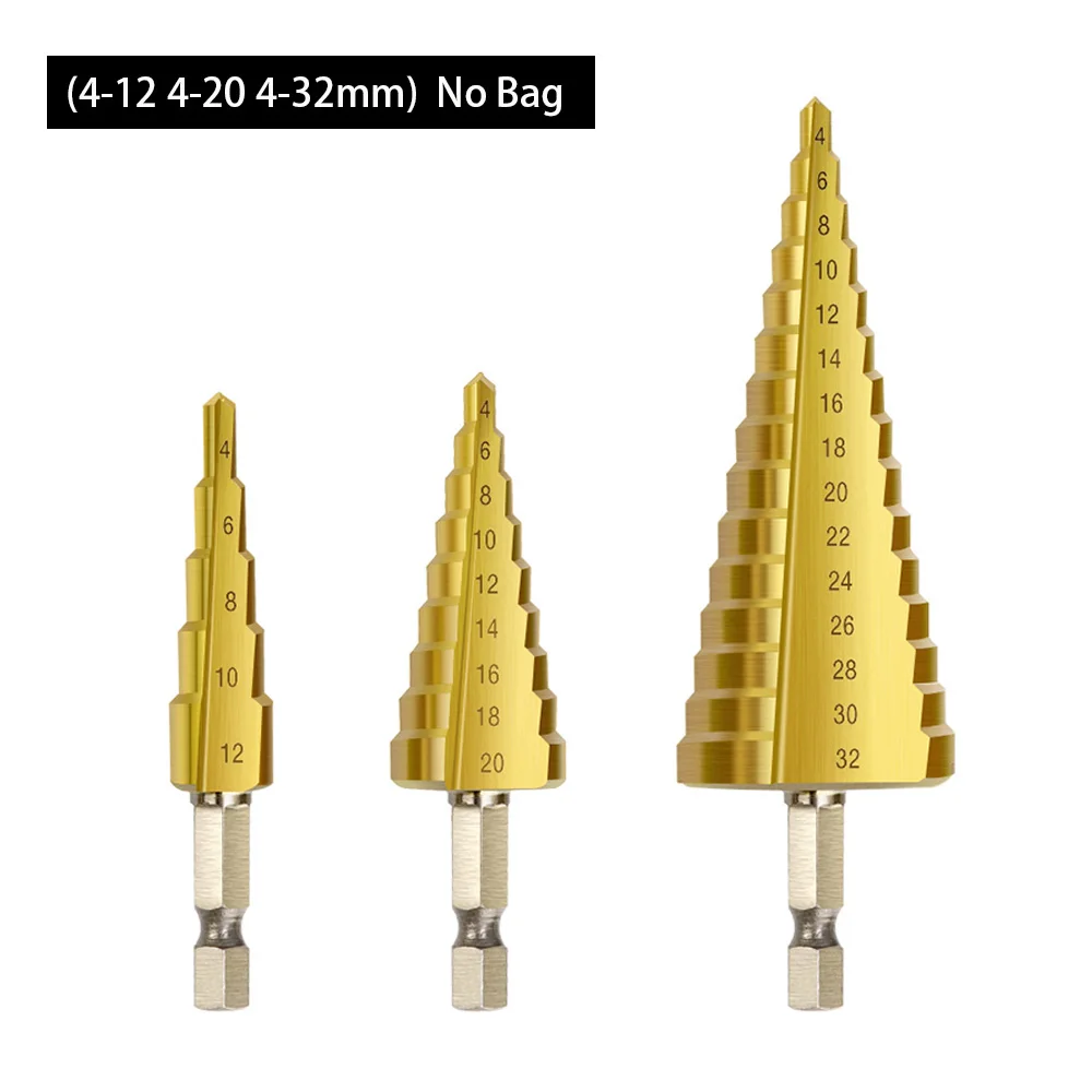 Large 3pcs No Bag 3 ПК ступенчатое сверло из быстрорежущей стали с Титан покрытием шаг конус металлическая дыра резак 4-12/20/32 мм металлический шестигранный Конические Сверла Мощность инструменты аксессуары - Цвет: Large 3pcs No Bag