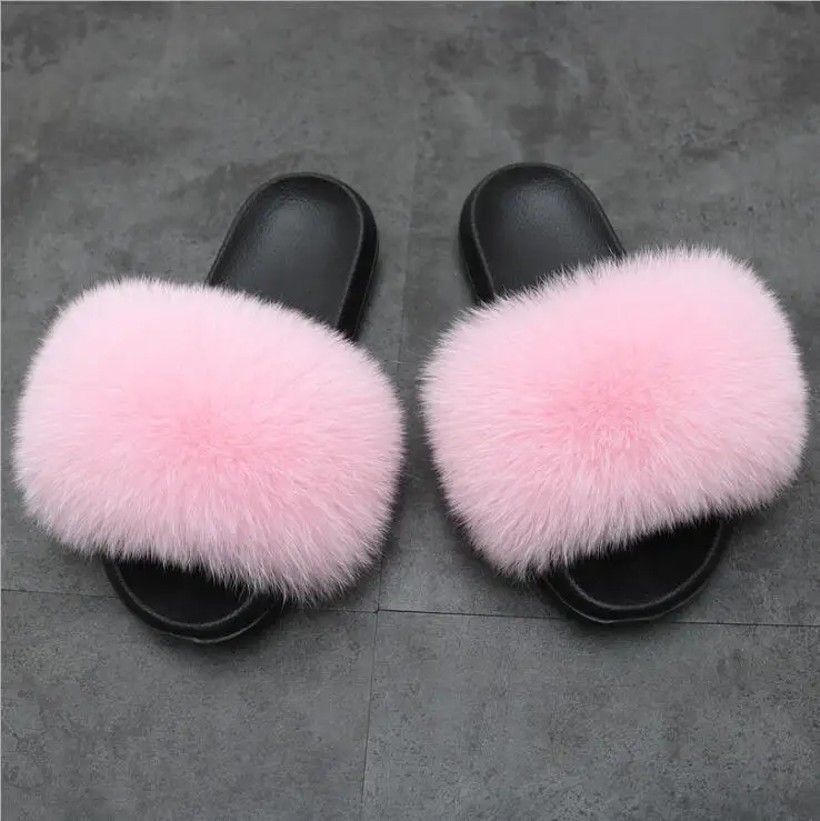 pink ZDFURS/; модные шлепанцы с лисьим мехом; шлепанцы без задника с натуральным мехом; Летние вьетнамки; повседневные Модные босоножки с лисьим мехом; модная плюшевая обувь; - Цвет: pink
