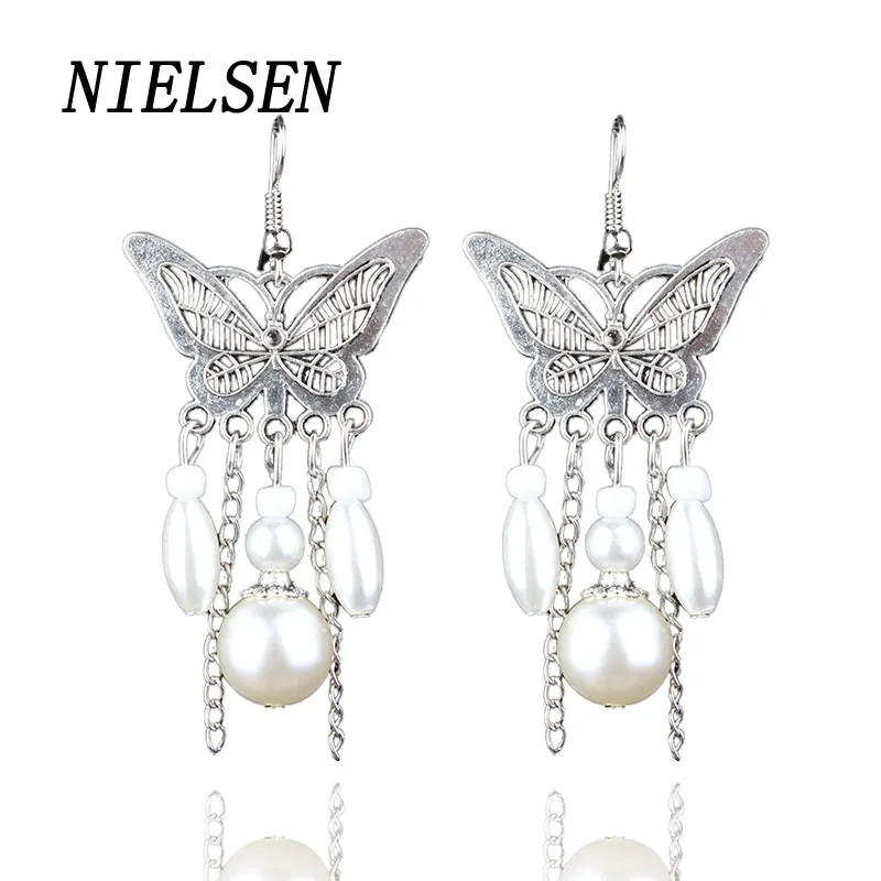 Нильсен новые женские длинные вечерние серьги Пункт Ретро полые жемчуг бабочки