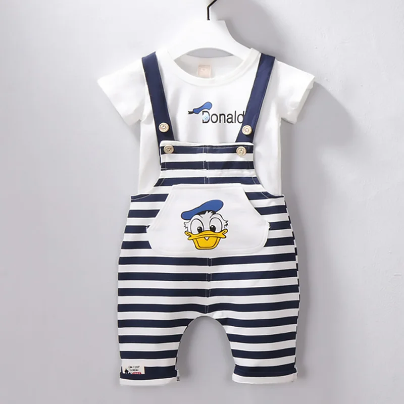 2019 Summer Baby Clothes Cartoon T-shirt Donald Duck Suspender Trousers 2Pcs Toddlers Short Sleeve Stripe Casual Sets 0-2Years | Детская