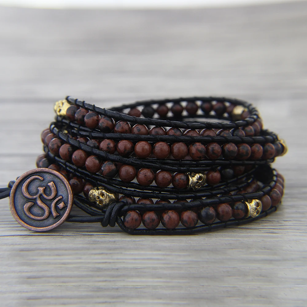 Женский кожаный браслет boho из красных бусин с золотым черепом для йоги Прямая