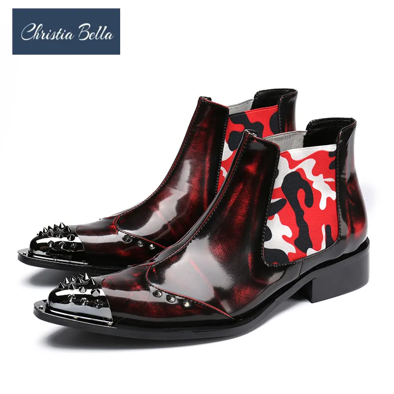 

Christia Bella Winter Men Rivets Shoes Genuine Leather Boots New Fashion Metal Pointed Toe Boots Plus Size Ankle Chelsea Boots