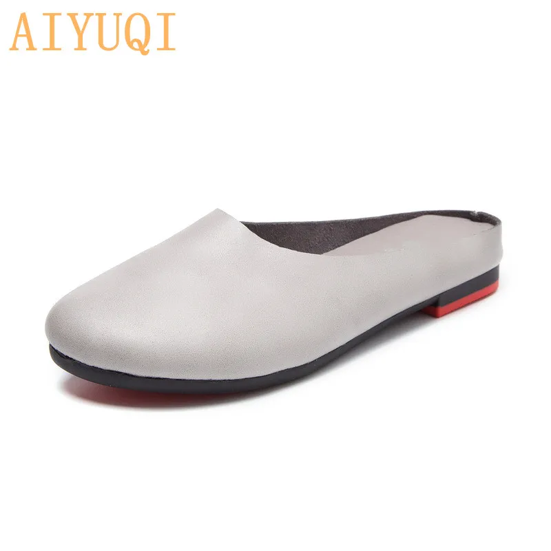 Light gray AIYUQI/женские тапочки; Новинка года; сезон весна; женская обувь из натуральной кожи; большие размеры 41, 42, 43; повседневные летние женские тапочки на плоской подошве - Цвет: Light gray