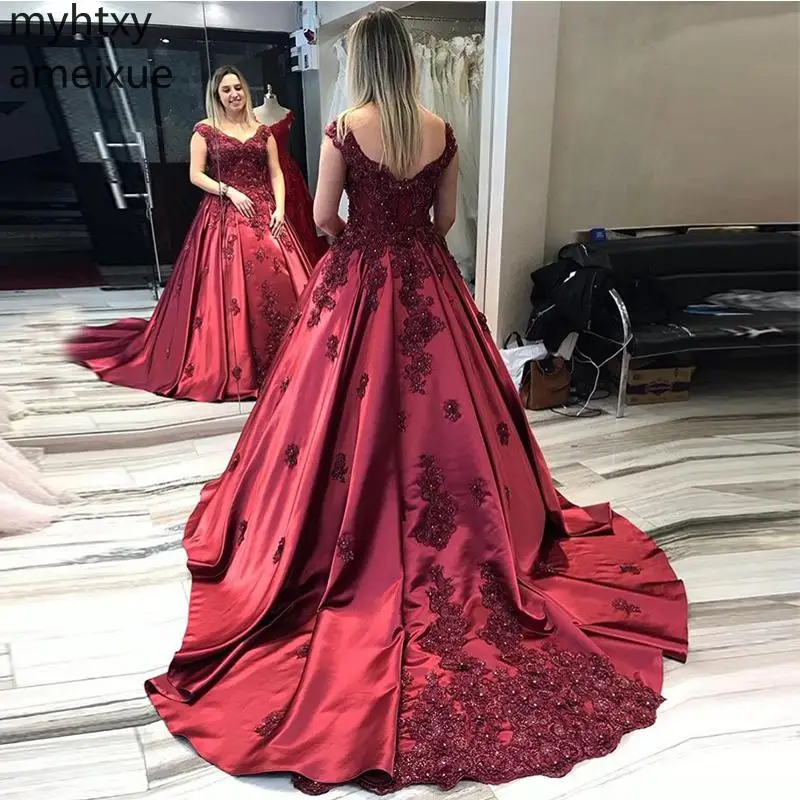 

2021 V-neck Burgundy Event Prom Dresses Sleeveless Princess A Line Long Formal Party Appliques Beaded Chapel Train Dress Elegant