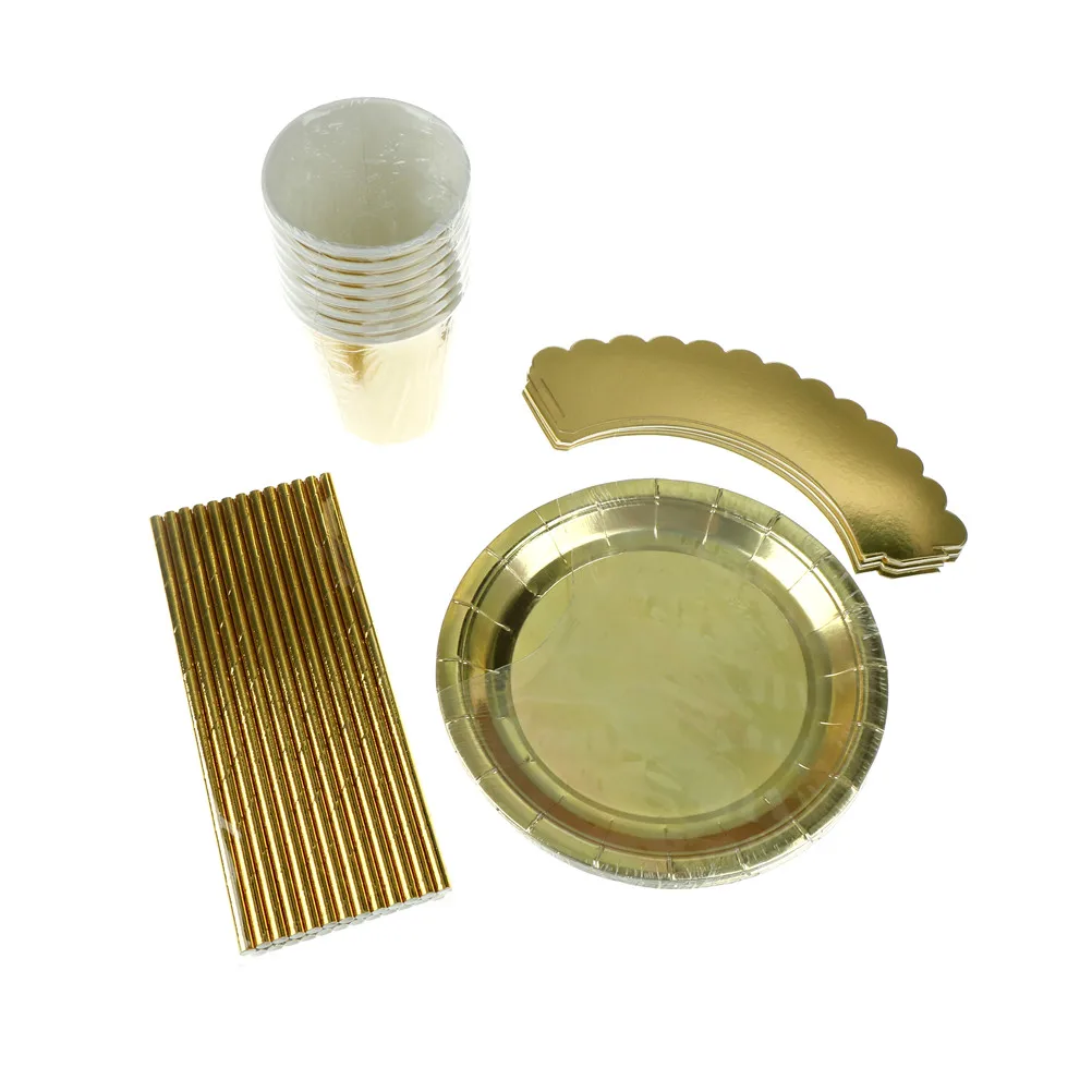 Одноразовая бумажная тарелка чашки соломинки Золотая фольга Твердые вечерние