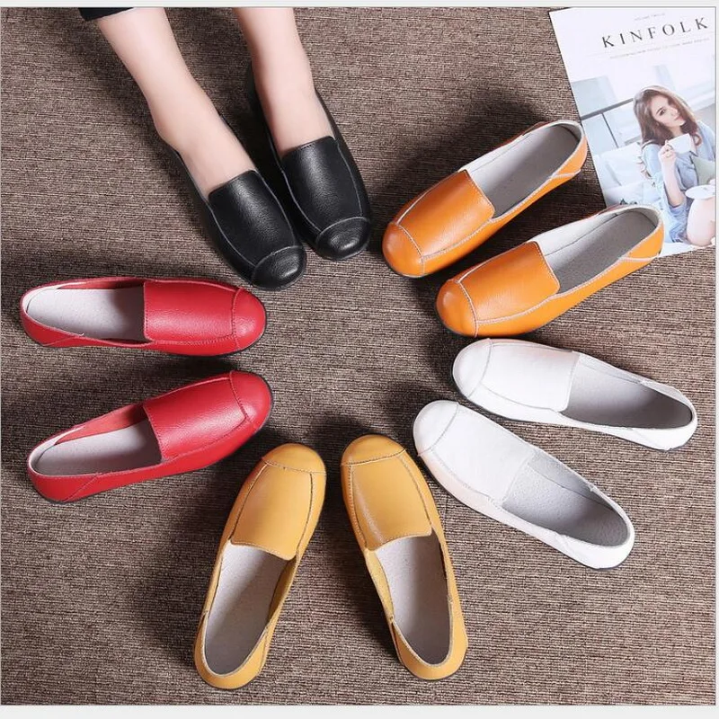 Women Flats 2021 Spring Summer Genuine Leather Flat shoes Large Size White Nurse Shoes Fashion Ballet Loafers | Обувь