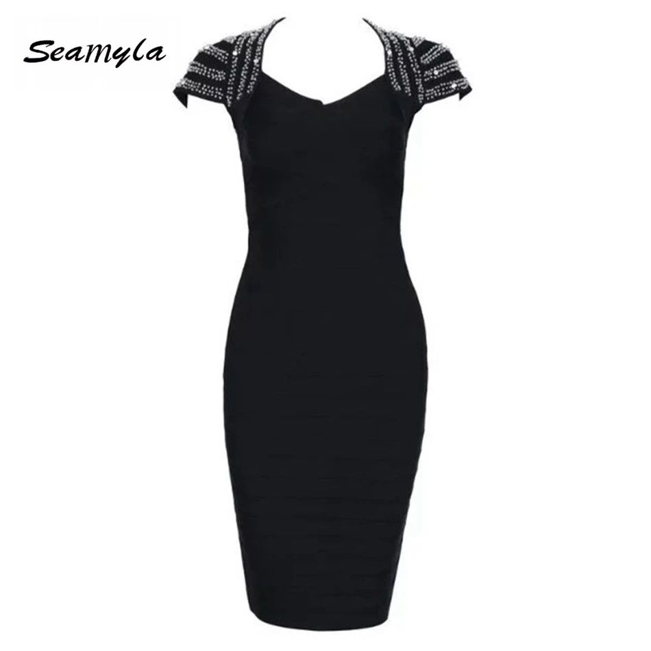 Женское вечернее платье черное/Красное Облегающее Платье До Колена с бусинами 2019