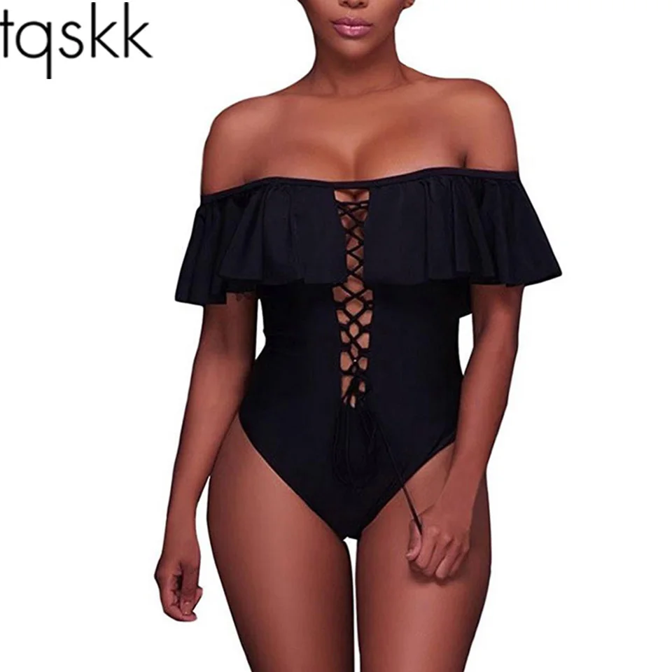 TQSKK Swimwear Women Falbala One Piece Swimsuits Female Swimsuit 2019 New Summer Solid Beach Wear Bandage Bathing Suit Monokini | Спорт и