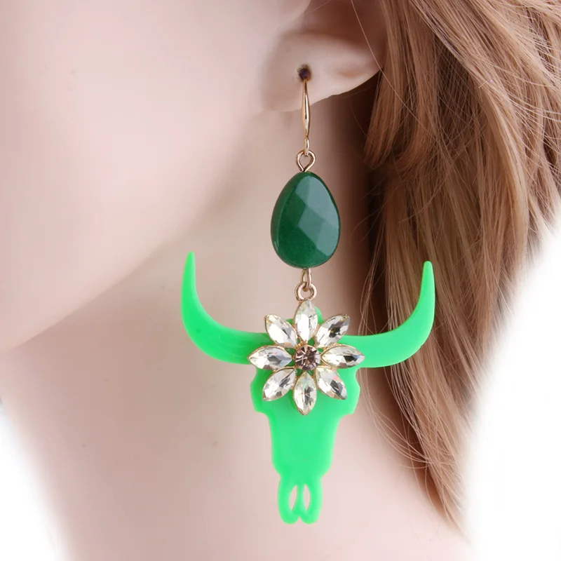 green NeeFu WoFu Bull серьги рога полимерная серьга камень большие серьги для женщин Кристалл Большие длинные серьги Brinco Oorbellen подарок - Окраска металла: green