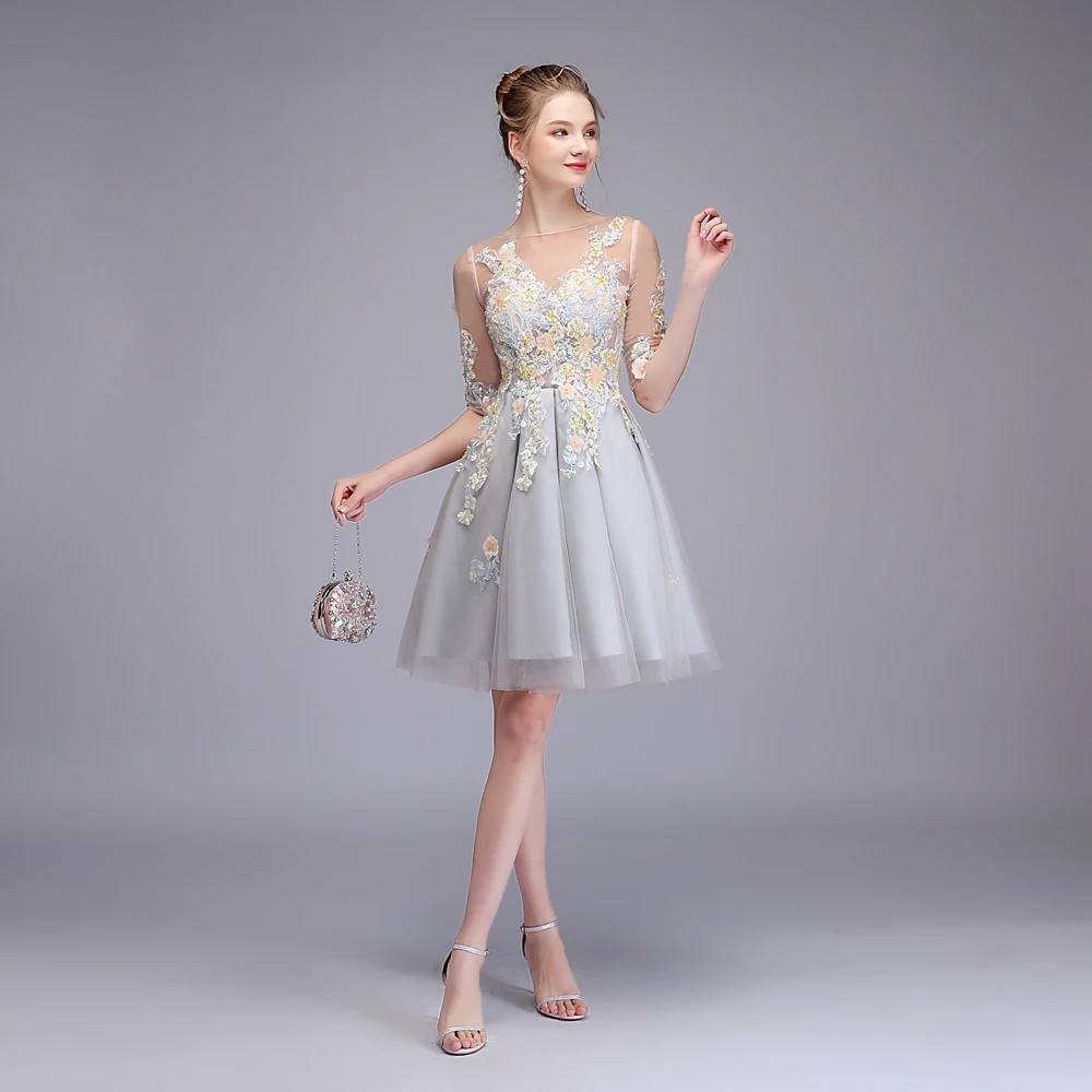 SSYFashion/Новое милое коктейльное платье серого цвета с коротким рукавом, длиной до колен, кружевной аппликацией, бисером, праздничное платье на заказ, торжественное платье