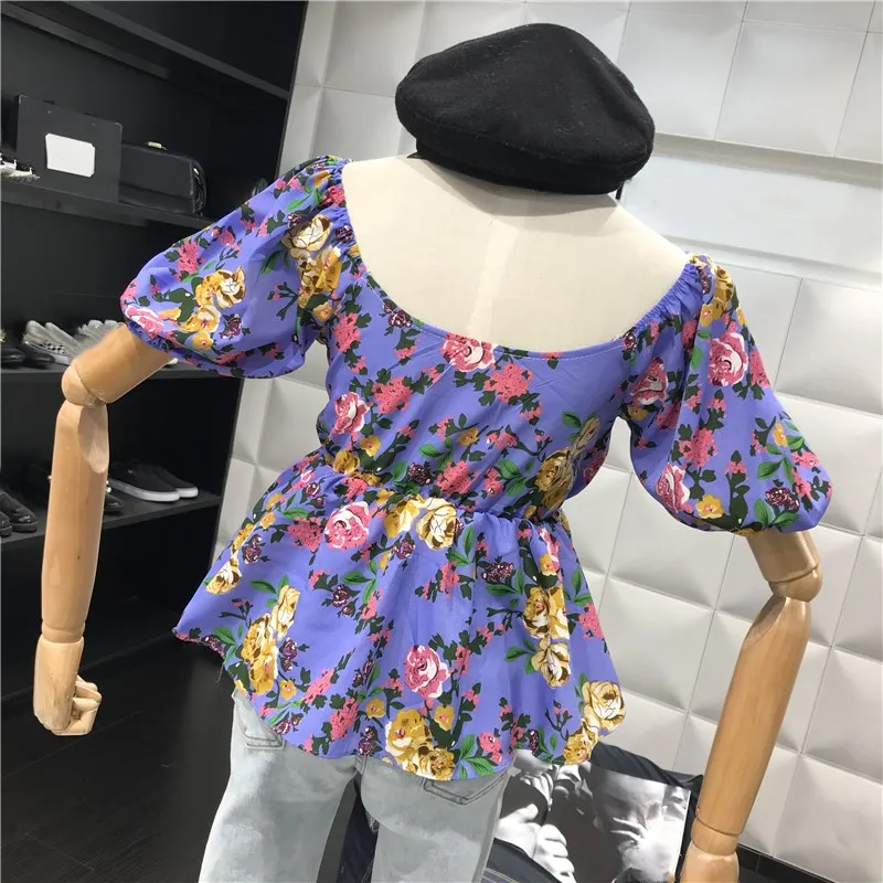 2019 Summer Fashion Streetwear Vintage Style Square Collar Florals Printed Blouse Women Blusas Girls Shirt Tops |