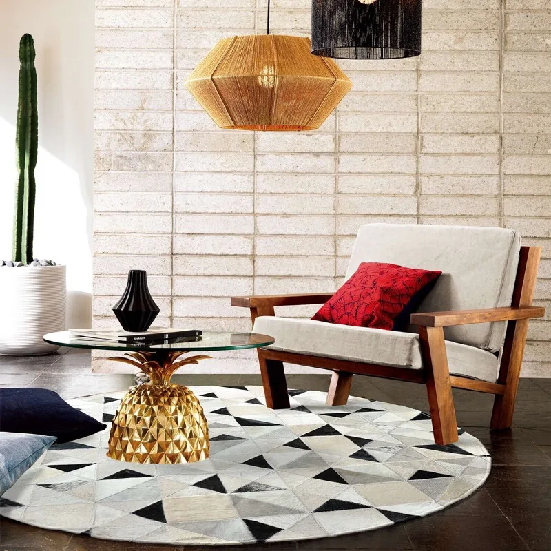 

Mosaic black and white grey cowhide patchwork leather rug geometric pattern circular cow leather study carpet