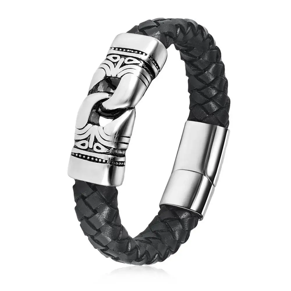 OBSEDE Men Punk Classical Jewelry Braided Leather Bracelet Stainless Steel Magnetic Clasp Gold/Sliver single Wristband Pulseiras - Окраска металла: white
