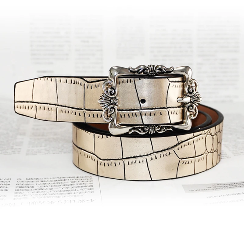 Женский ремень из натуральной воловьей кожи винтажный с пряжкой цвет золотистый