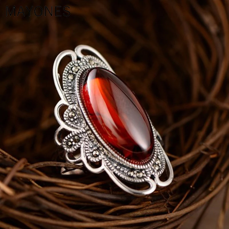 

MAYONES Vintage 925 Sterling Silver Red Garnet Rings For Women Retro Big Oval Punk Style R Handmade Bijoux Indian Jewelry