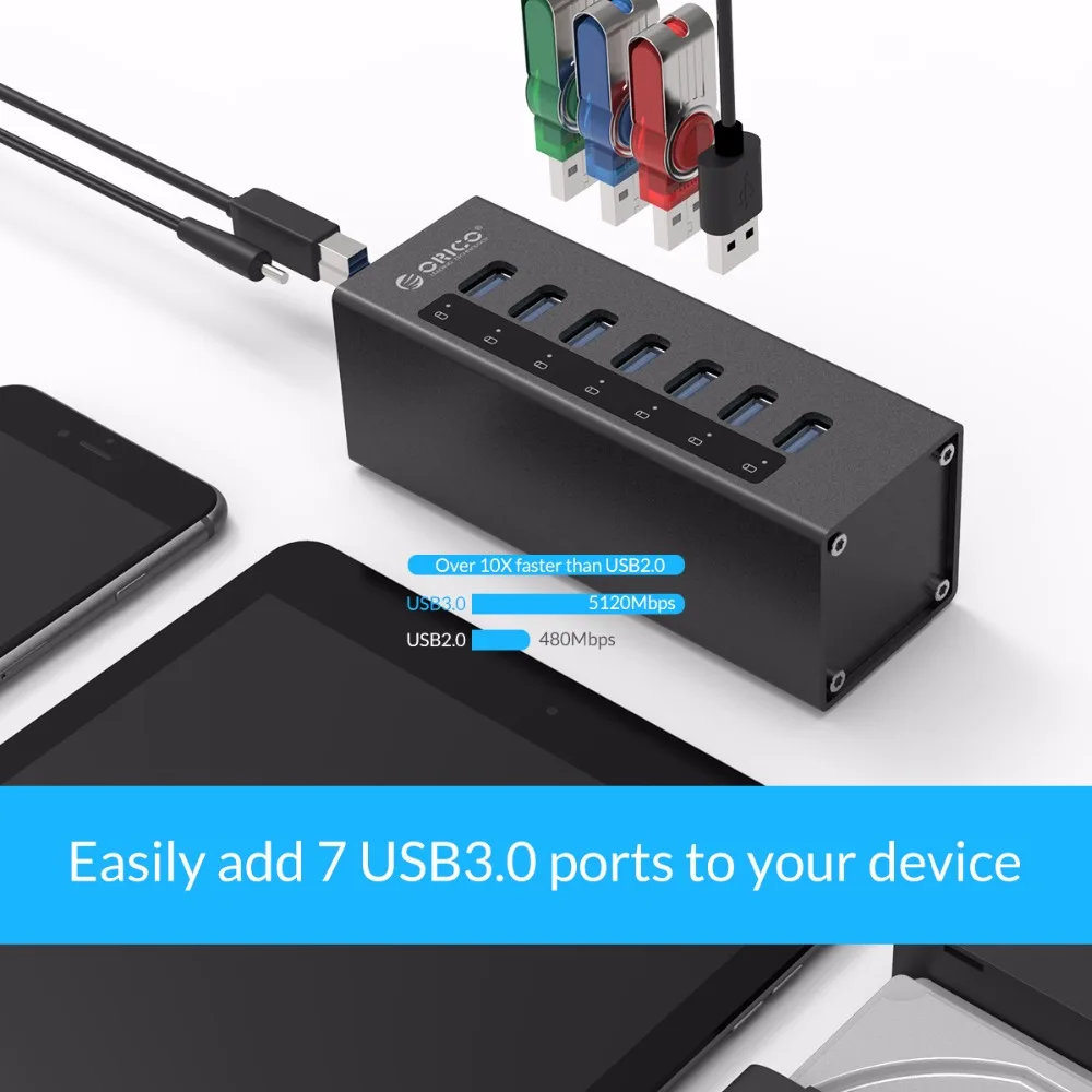 Высокоскоростной Алюминиевый Концентратор ORICO USB 3 0 с 7 портами Разветвитель Usb 12