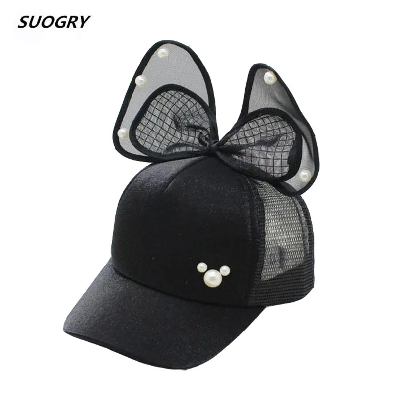 

2018 Children Hip Hop Baseball Cap Summer Baby Rabbit Ear Pearl Bow kids Sun Hat Boys Girls Snapback Caps For 2-8 Years Old