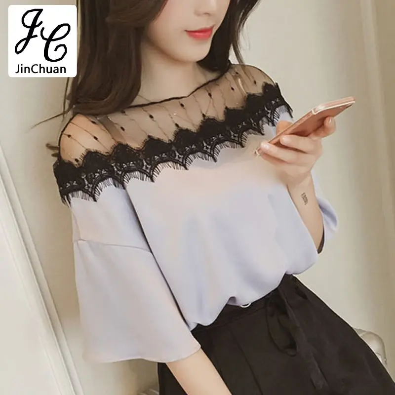 Женская Blusas Лето Стиль 2017 Черный Ресниц Сетки Шнурка Лоскутная Блузка Mujer