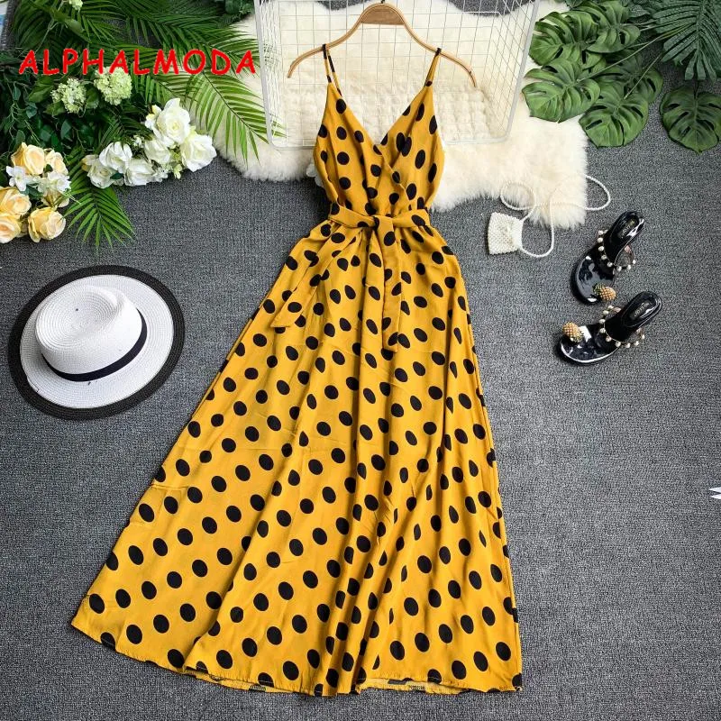Женское пляжное платье ALPHALMODA элегантное в горошек с v образным вырезом и бантом
