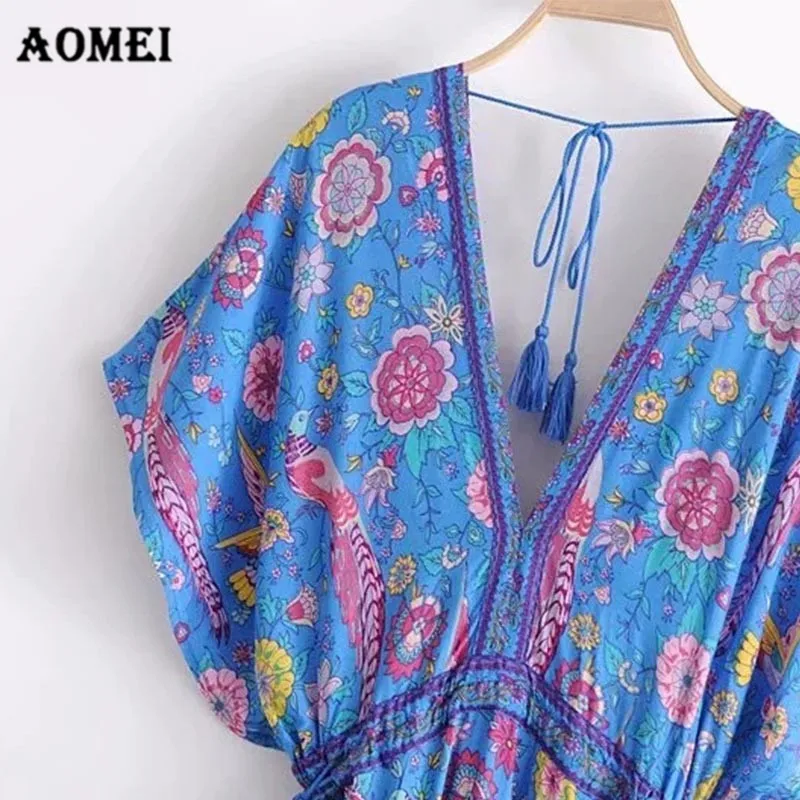 Женское платье богемный Летний Пляжный Boho с v образным вырезом и открытой спиной