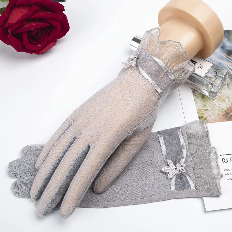 Pearl Grey Кружевные летние солнцезащитные Короткие наручные перчатки, весенние модные перчатки с сенсорным экраном и УФ-защитой от солнца, перчатки для вождения автомобиля, вечерние женские перчатки Guantes Mujer - Цвет: Pearl Grey
