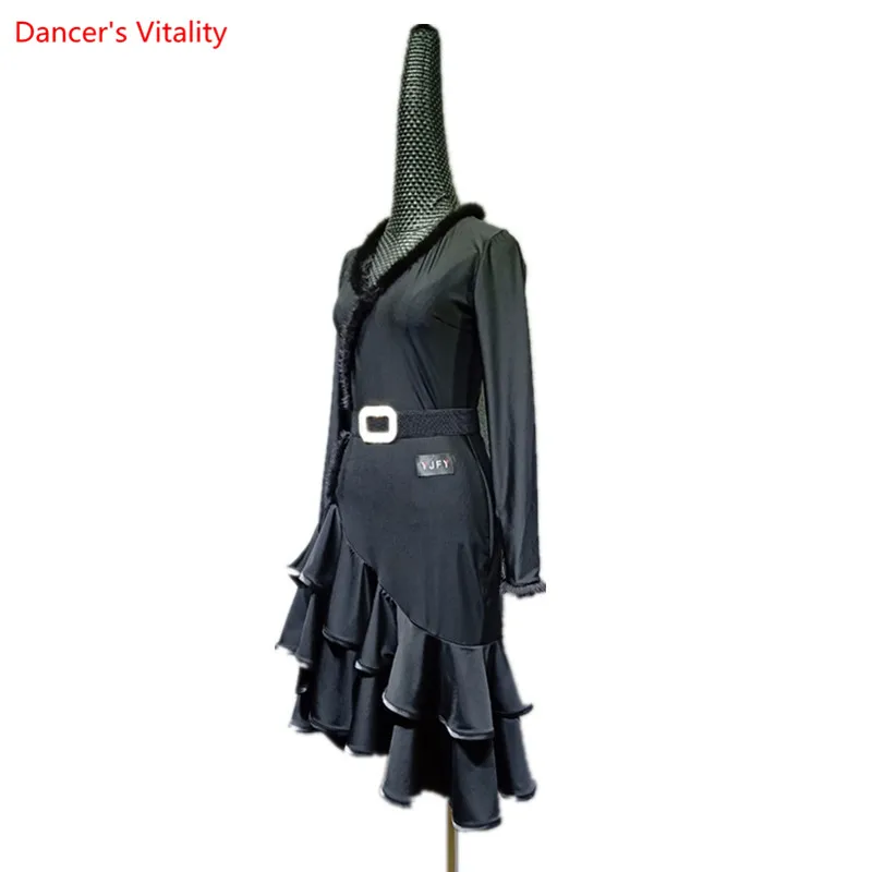

2018 Autumn Winter New Latin Dance Dress Adult Female Long Sleeves Ruffle Dresses For Women Performance/Practice Dance Costumes