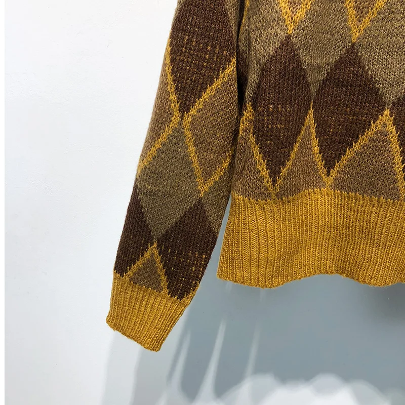 Vintage Winter Patchwork Color Argyle Pullover Sweater Warm Wool Long Sleeve Women O-Neck Knitted Short | Женская одежда