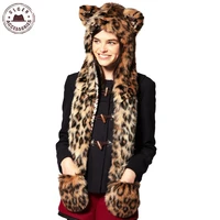 faux fur bomber hat warm winter hats for women animal wolf tiger hood scarf hat glove set ladies girls spirit caps hub145g