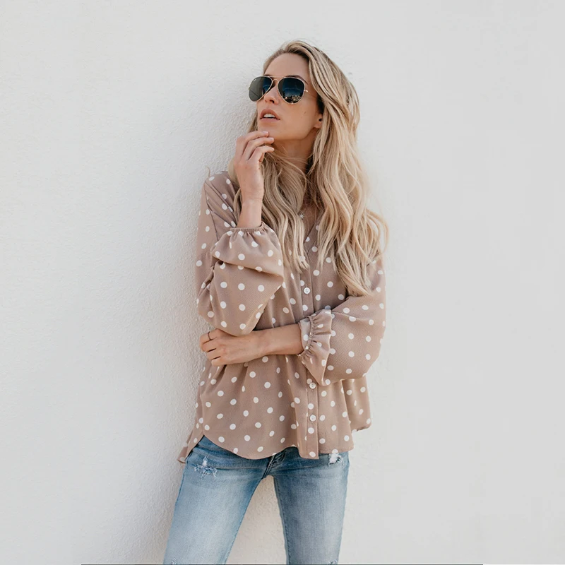 2019 New Women's Shirt T-shirt Printing Dot Long Elegant Women High Street Sleeve V-neck Fashion T-shirts Summer | Женская одежда