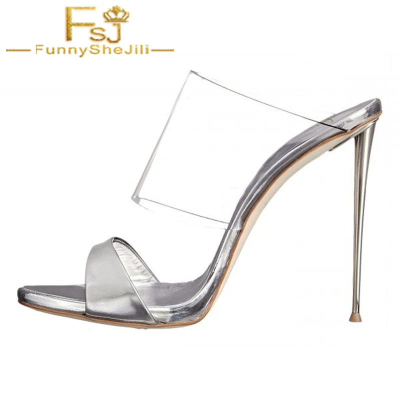 

Silver Clear Transparent PVC Mule Stilettos Heel with Metallic Open Toe 6 inches 14 cm Summer Slipper Sandals Woman Shoes 4-16