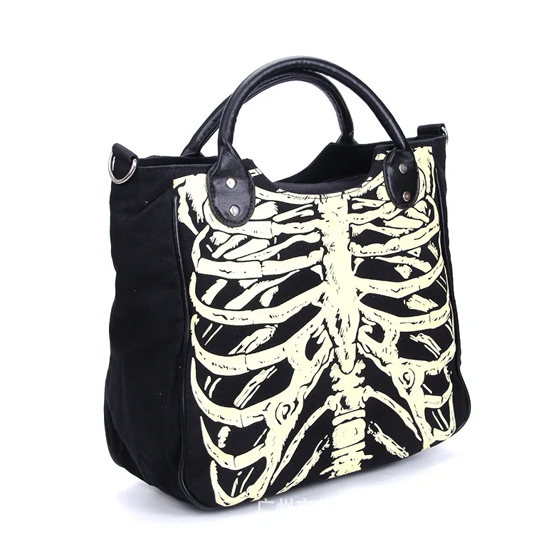 2018 New creative Canvas Casual Tote Bags Women Men Rivet Luminous Paint Handbag Glow Skull Bone Printed Black Large | Багаж и сумки