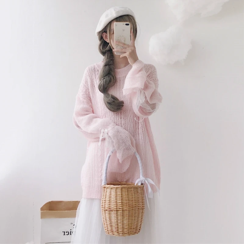 Women Cute Knitted Sweater Hollow Out Long-Sleeved Pink Sweet Sweaters Mesh Patchwork Bow Lace-up Knit Jumper Pullovers | Женская одежда