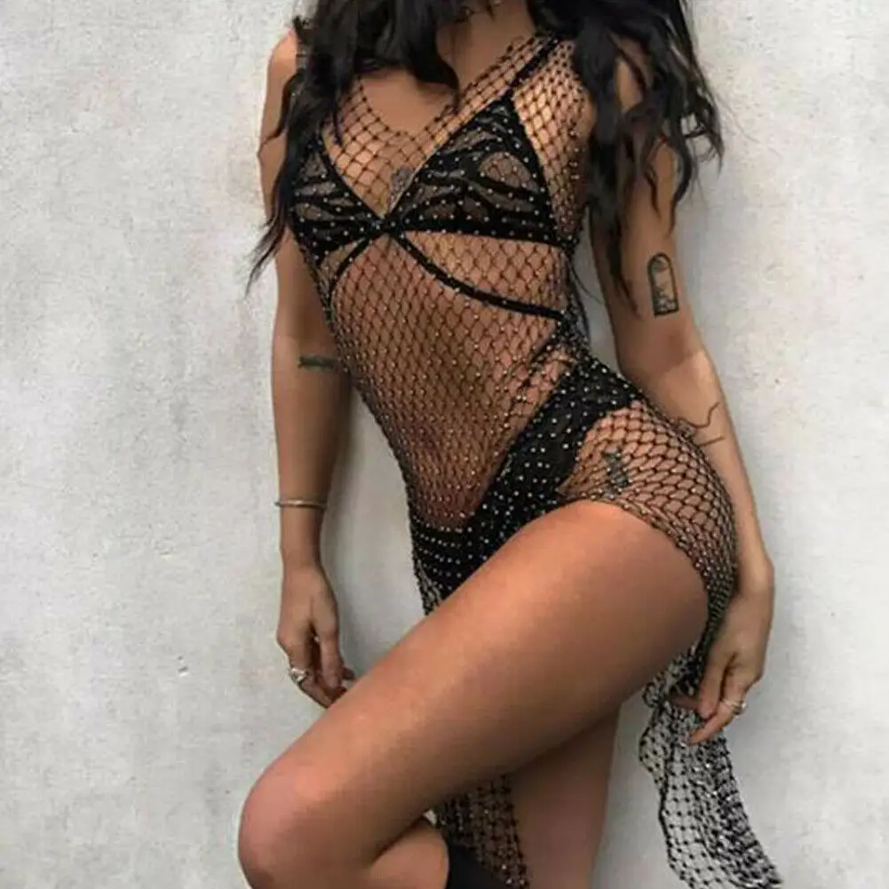 Женский купальник бикини Пляжное Платье накидка с сеткой украшенное