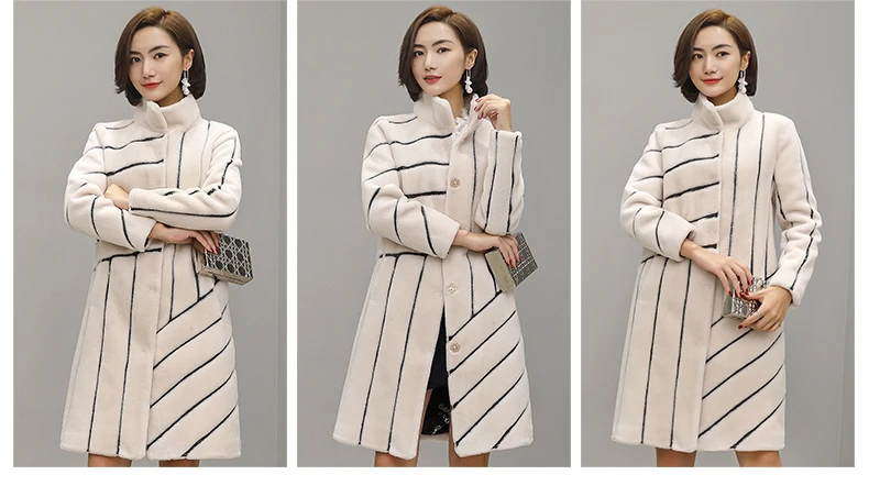 New Striped Coat Mouton Coat for Woman female tonfur Fur Coat Women's winter jackets real fur wool fur coats HF468