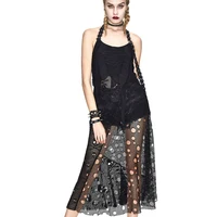 Punk Sexy Summer Dress Women Halter Backless Hole Dresses See Through Mesh Skull Pattern Black Cotton Dresses for Female New In