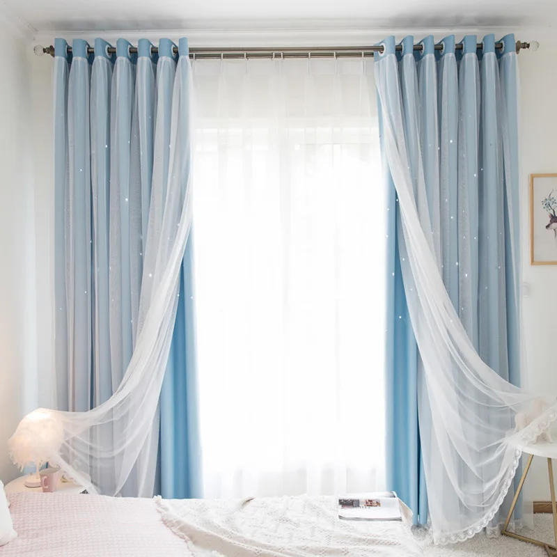blue include tulle Ins/затемненные занавески со звездами для гостиной, спальни, романтические занавески, занавески с белым тюлем для окон - Цвет: blue include tulle