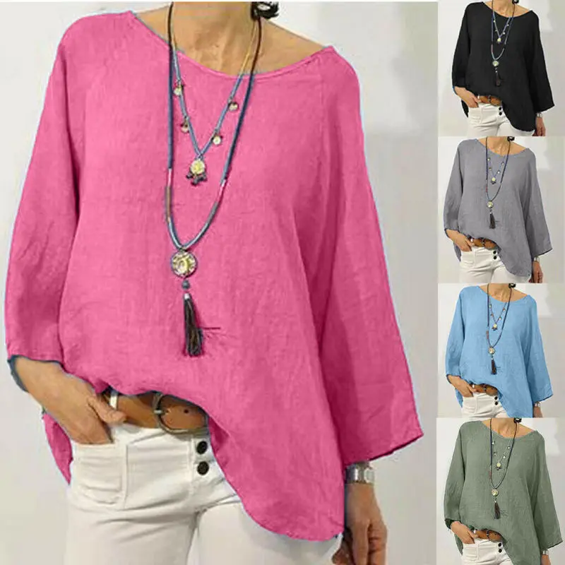 

Women Long Sleeve Cotton Linen Loose T-Shirt Summer Baggy Tunic Tops Plus Size