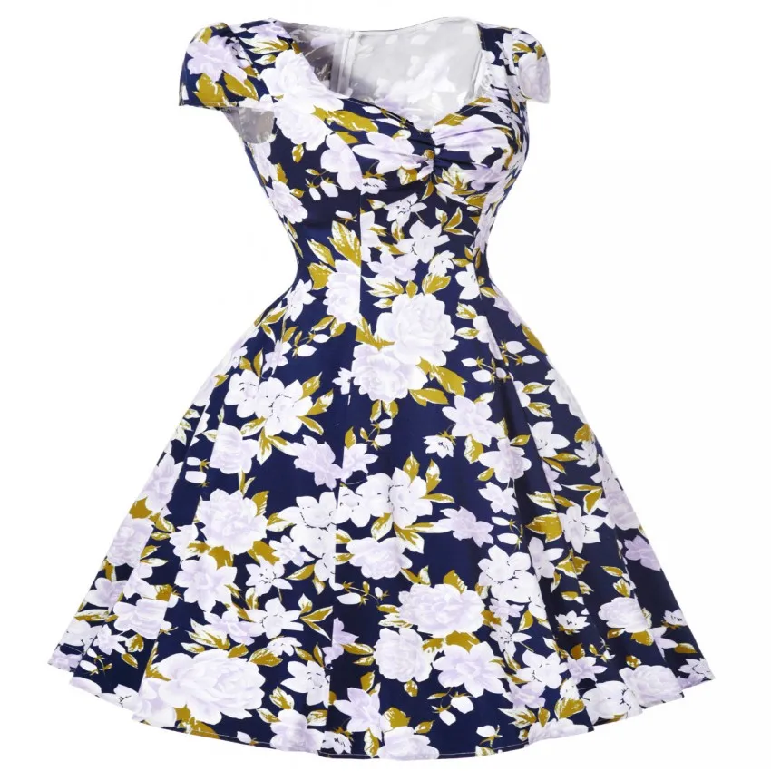 Винтаж Платье Лето 50 s 60 Платья Цветочный Узор Robe Femme Ретро Хлопка С Коротким