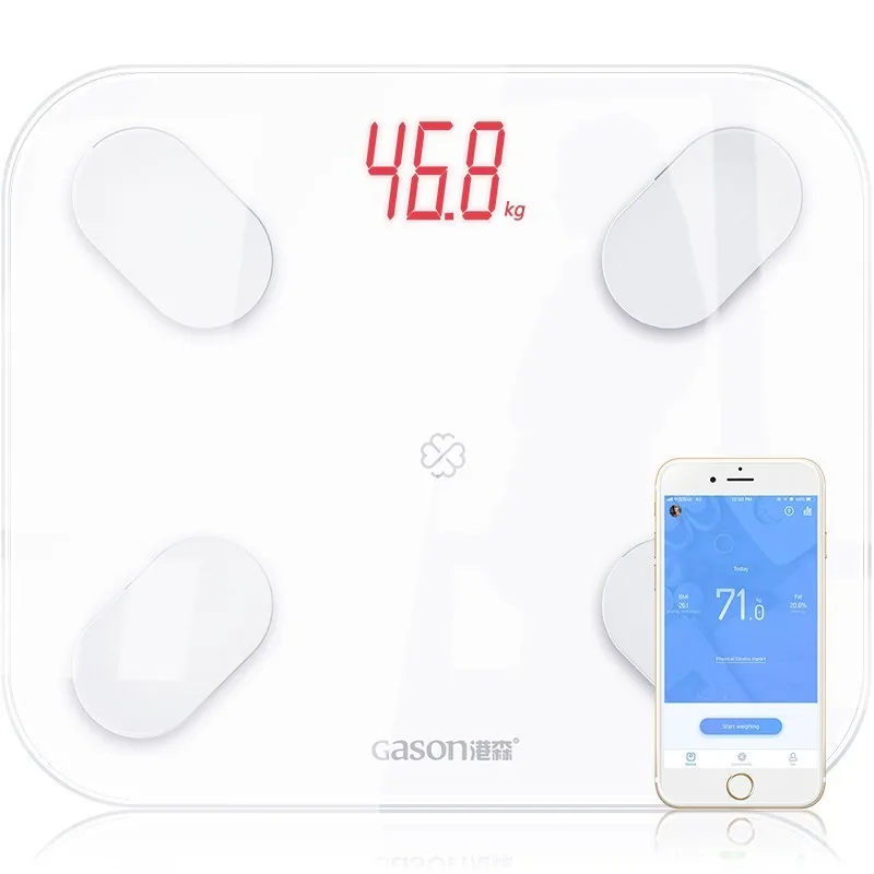 White GASON S4 светодиодный весы для ванной комнаты, напольные, умные, электронные, цифровые, для веса жира, бытовые весы, Bluetooth, приложение Android - Color: White