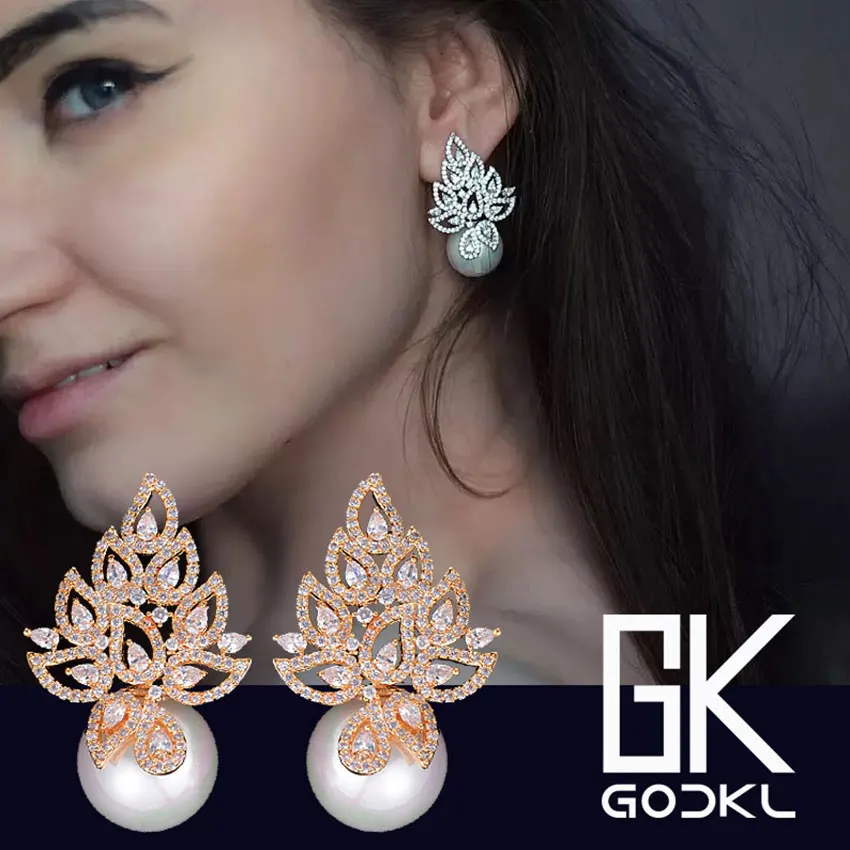 GODKI имитация жемчуга лист Коллекция Полный микро кубического циркония Проложить для женщин Свадебные обручение серьги ювелирные изделия наркомания