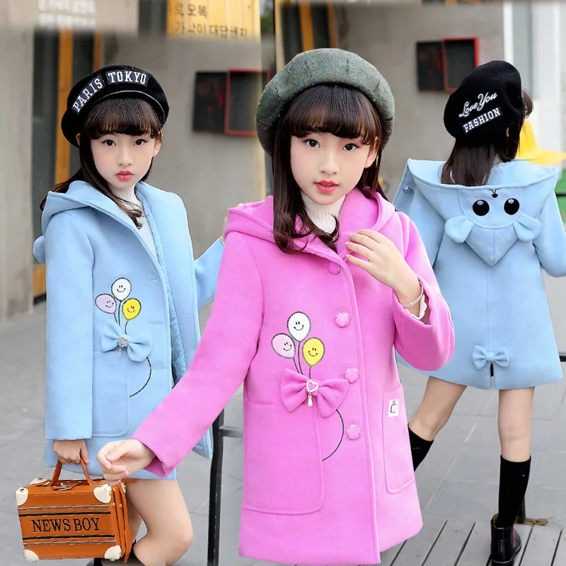 Girls woolen Coat 2019 New Fashion Hooded Cute Bow Autumn and Winter Thick Children's Woolen Rose Red Light Blue | Детская одежда и