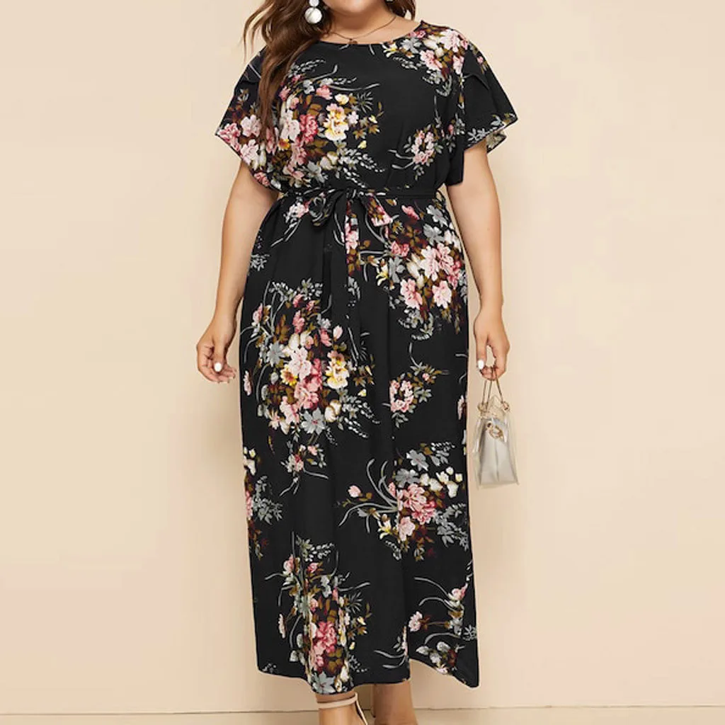 MISSOMO 5XL платье женское повседневное размера плюс цветочный принт пляжное Длинное Макси платье винтажное черное Бандажное платье с круглым вырезом на шнуровке 620